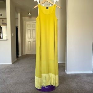 Pinko yellow maxi fringe sleeveless lining dress Made in Italy  US size: 8